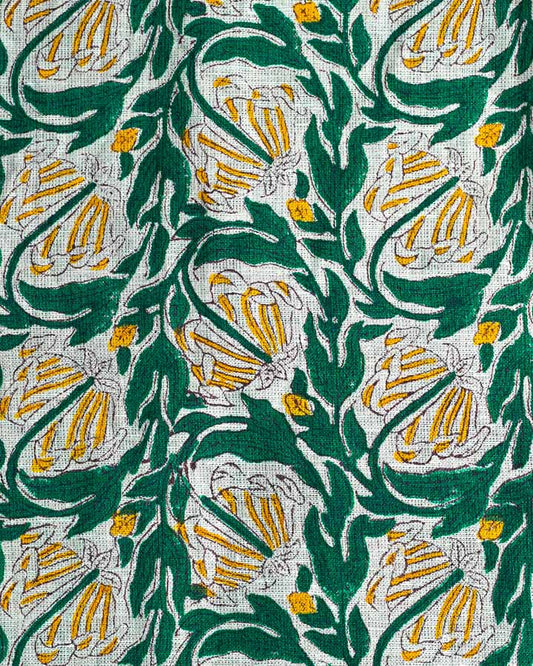 Lotus Hand Block Printed Linen Fabric