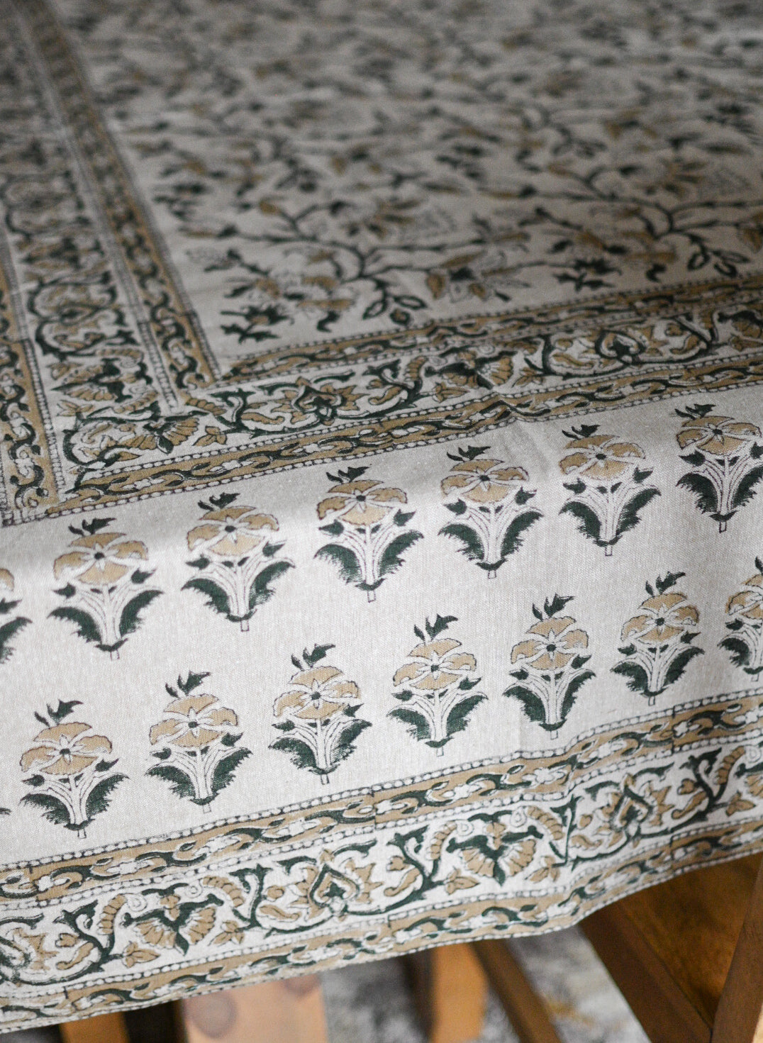 Camel Floral Block Print Tablecloth - Maple Village Lane