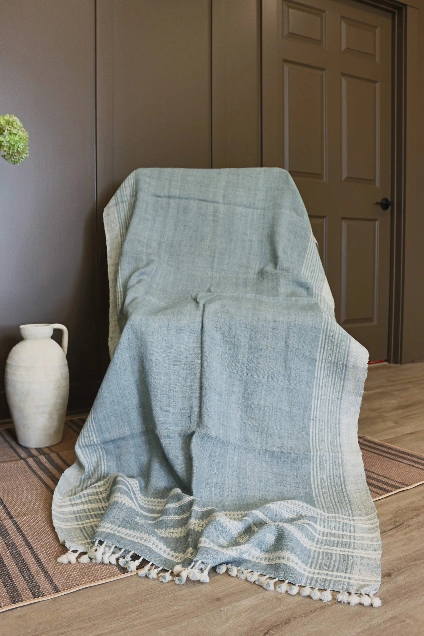 Handwoven Vintage Bhujodi Throw - Washed Blue - 40" X 90" - Maple Village Lane