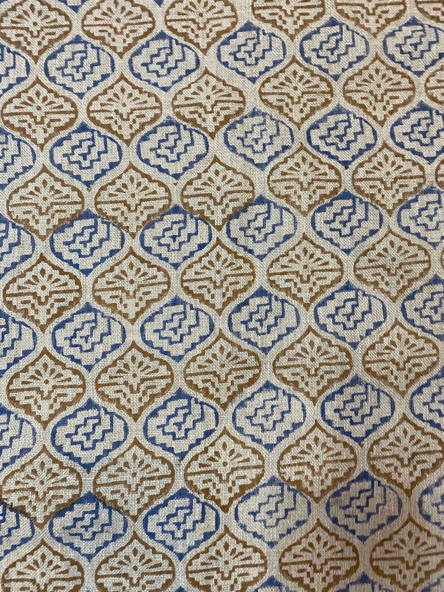 Designer Blue & Mustard Floral Block Print Fabric for Upholstery, Home Decor, and Custom Projects - Maple Village Lane