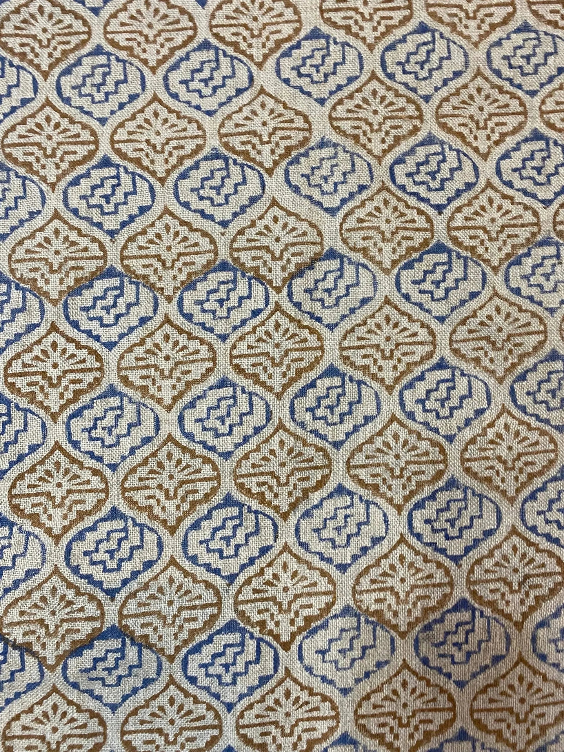 Designer Blue & Mustard Floral Block Print Fabric for Upholstery, Home Decor, and Custom Projects - Maple Village Lane