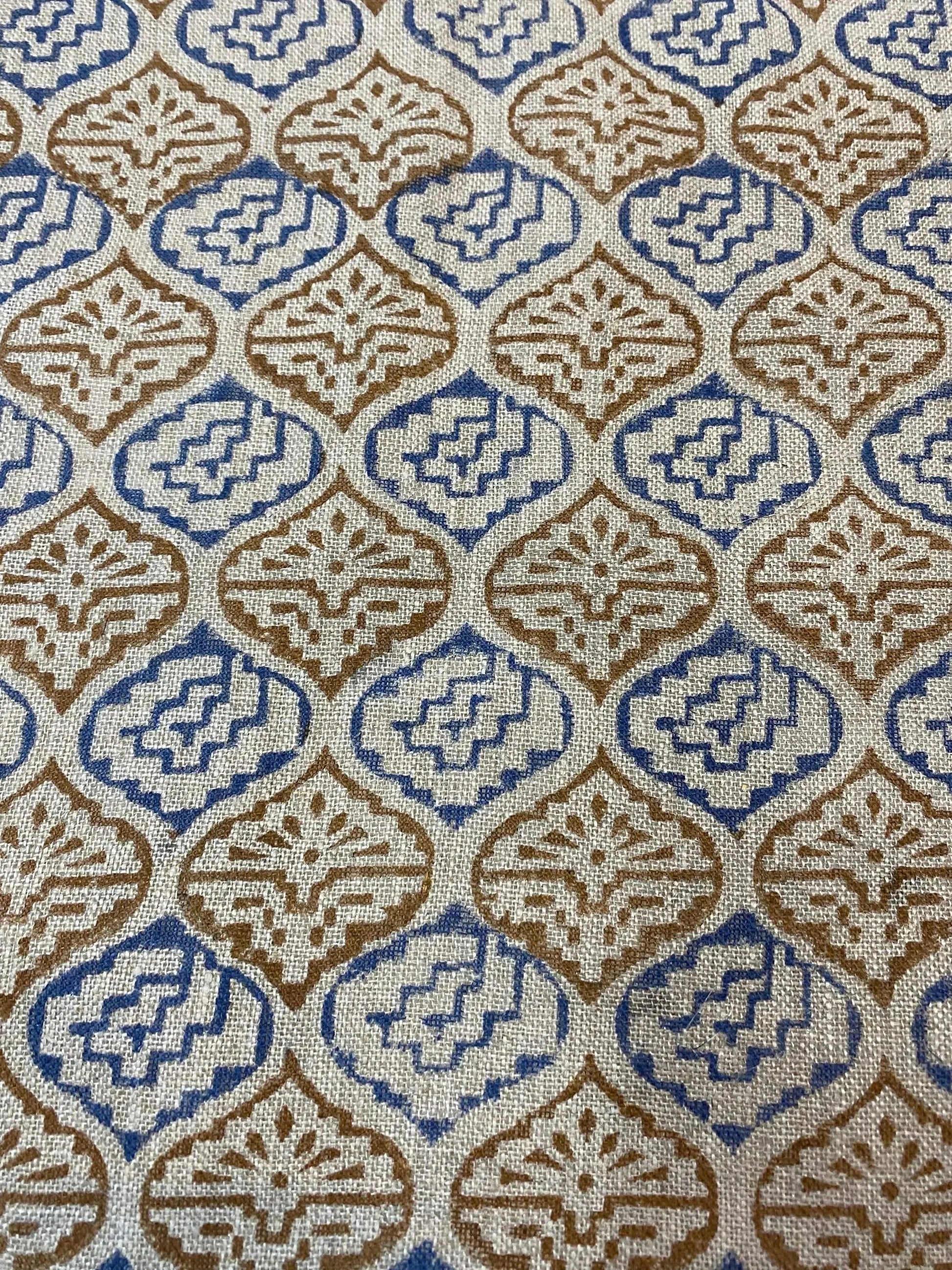 Designer Blue & Mustard Floral Block Print Fabric for Upholstery, Home Decor, and Custom Projects - Maple Village Lane