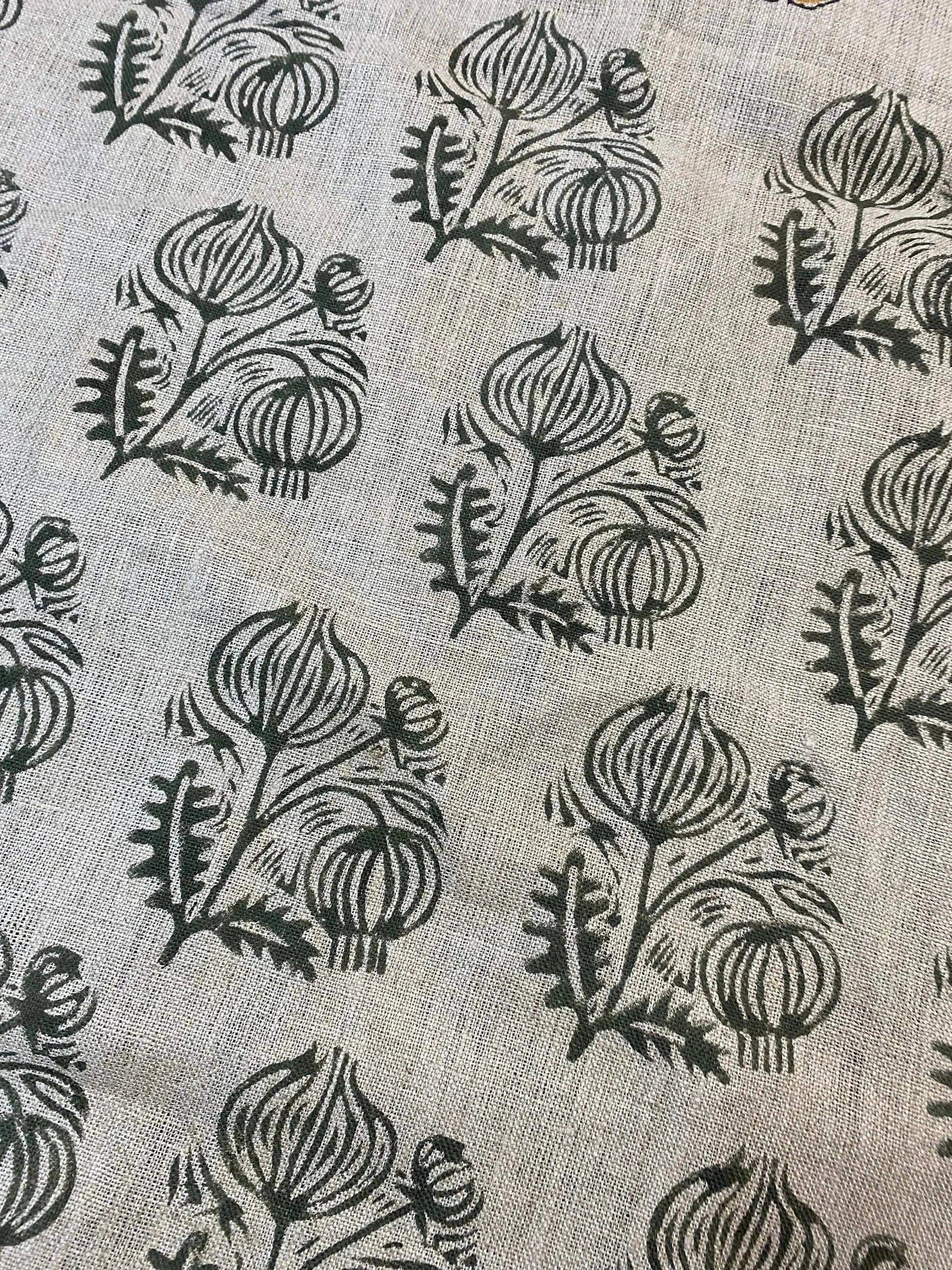 Jessy Big Flower Block Print Handloom Thick Linen Fabric for Upholstery - Maple Village Lane