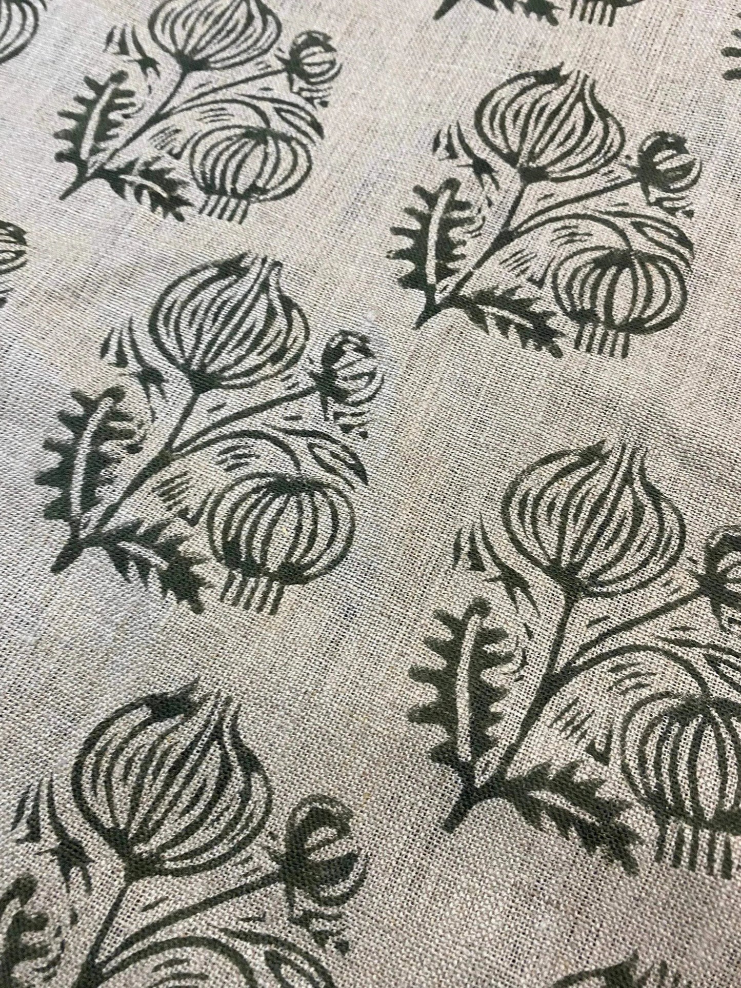 Jessy Big Flower Block Print Handloom Thick Linen Fabric for Upholstery - Maple Village Lane