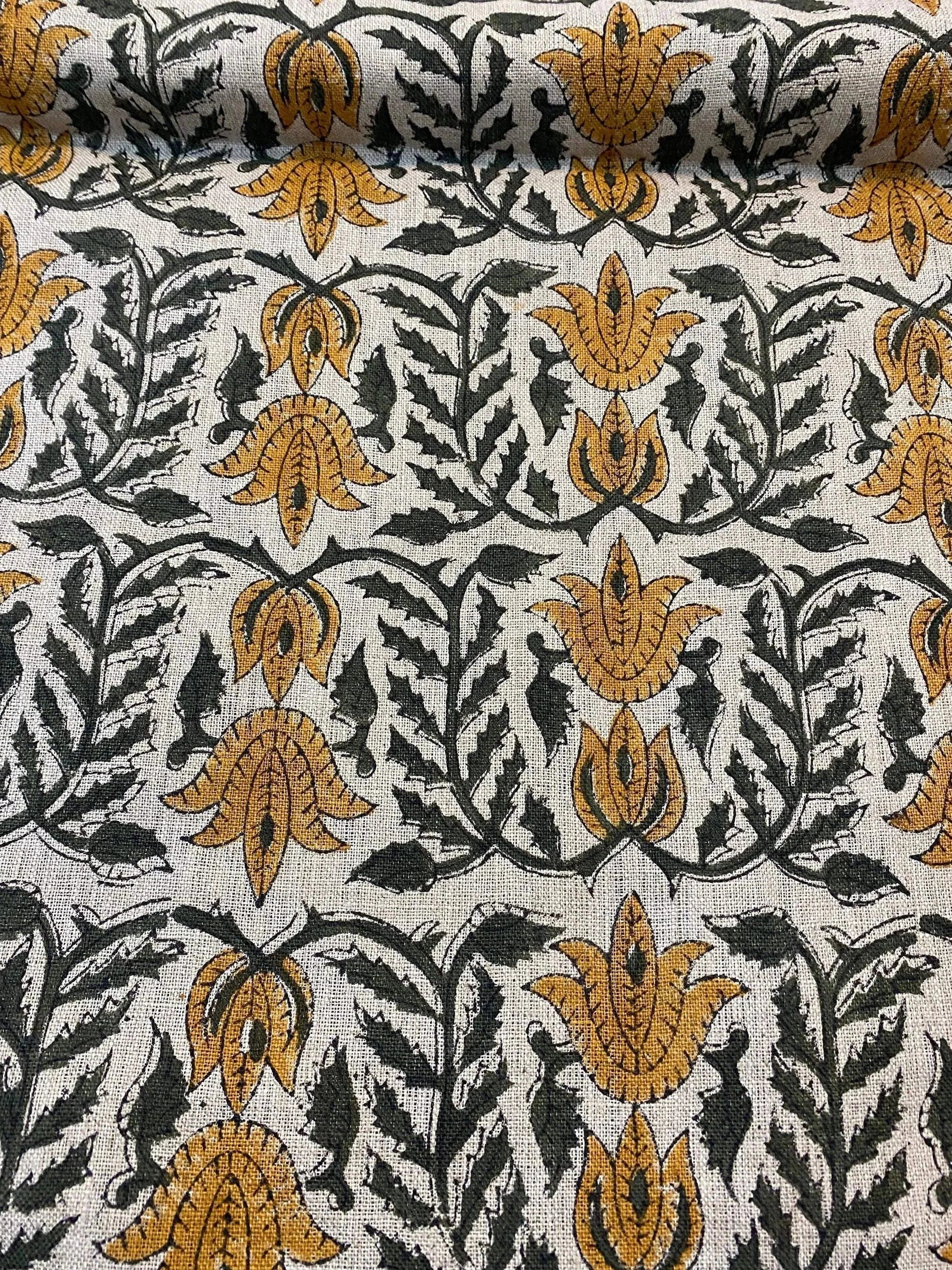 Bhabhi Hand Block Print Linen Fabric For Upholstery and Curtains - Maple Village Lane