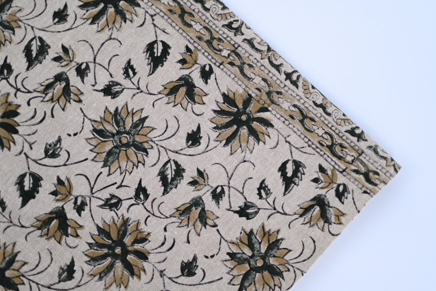 Gray and Camel Floral Block Print Tablecloth