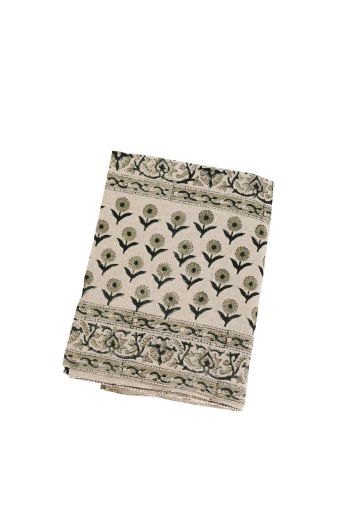 Beige Floral Block Print Tablecloth