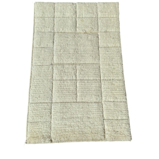 Handmade Moroccan Ivory Wool Rug with Textured Block Design