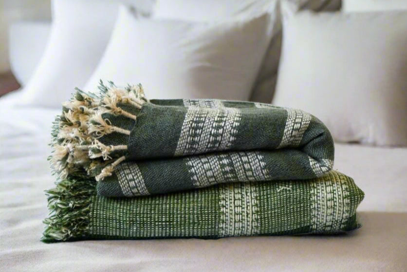 Handwoven Vintage Bhujodi Bed Throw -Muted Green