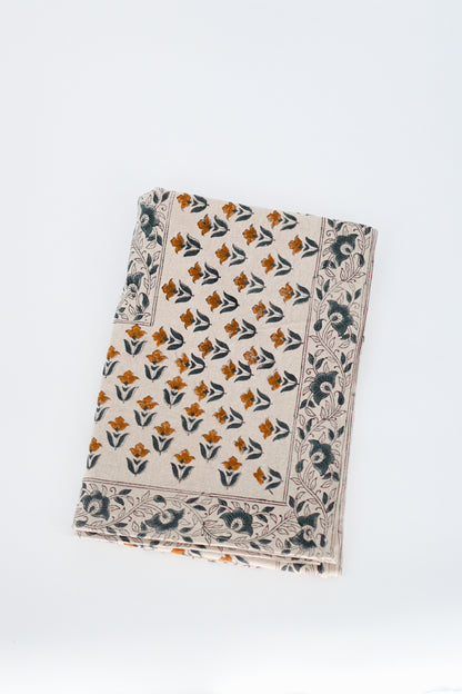 Orange and Gray Floral Block Print Tablecloth