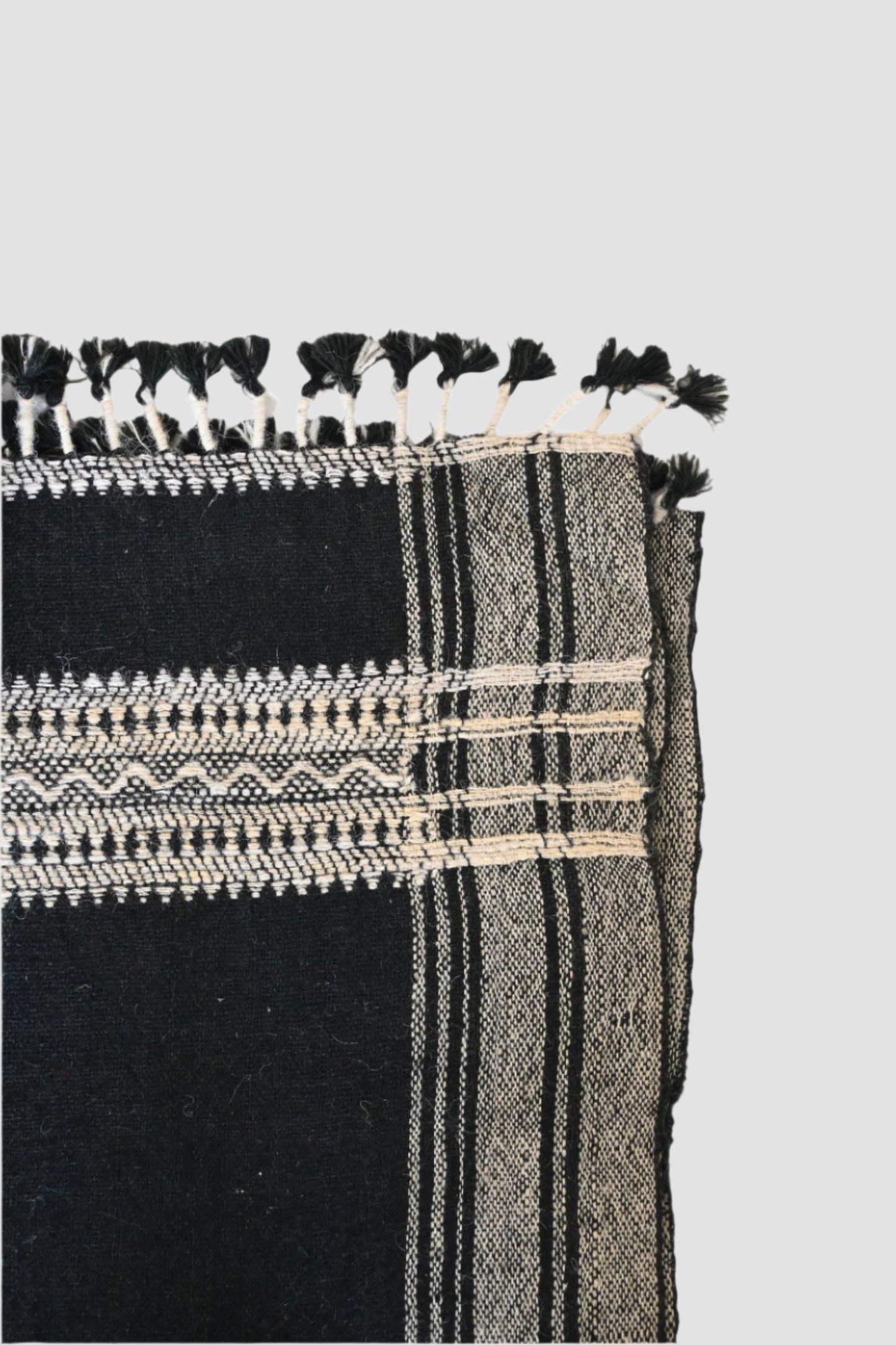 Handwoven Vintage Bhujodi Bed Throw -Black and Biege - 24" x 80"