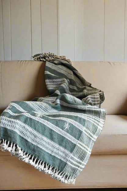 Handwoven Vintage Bhujodi Bed Throw -Muted Green - 50" x 90"