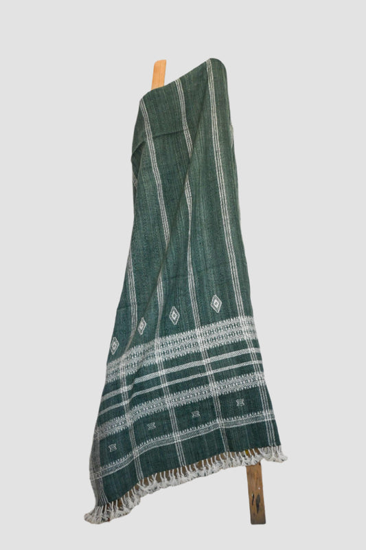 Handwoven Vintage Bhujodi Bed Throw Deep Olive Green  - 40" x 90"