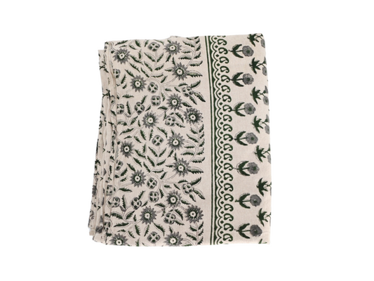 Gray and Green Floral Block Print Tablecloth