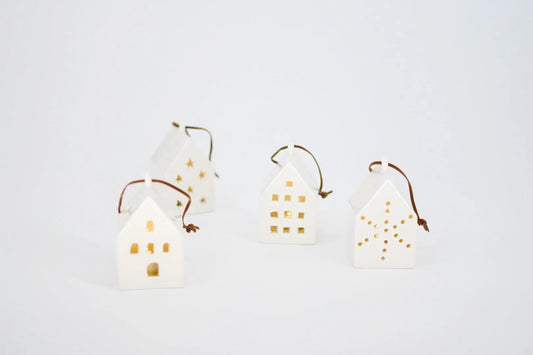 White Ceramic LED House Ornament, 4 Styles - Maple Village Lane