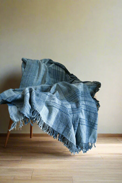 Handwoven Vintage Bhujodi Bed Throw -Slate Blue - 54" x 102"