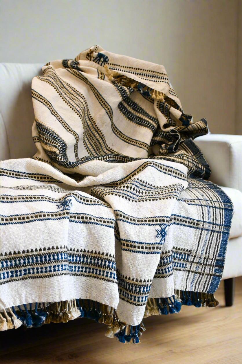 Handwoven Vintage Bhujodi Bed Throw -Neutral - 50" x 90"