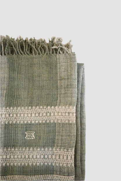 Handwoven Vintage Bhujodi Bed Throw -Sage Green- 54" x 102"