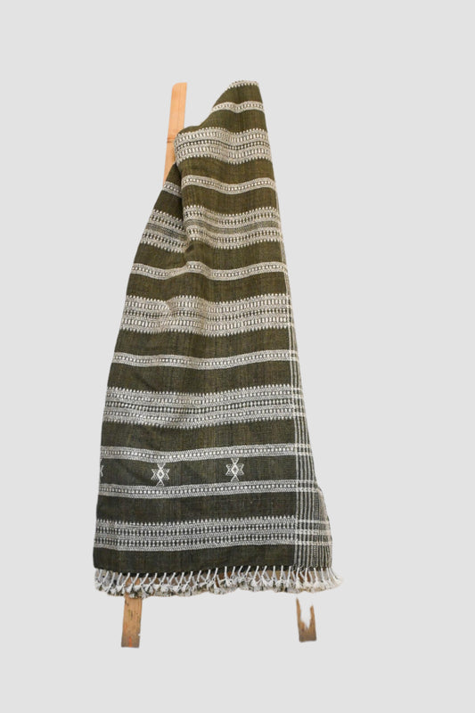 Handwoven Vintage Bhujodi Bed Throw -Olive Green - 50" x 90"