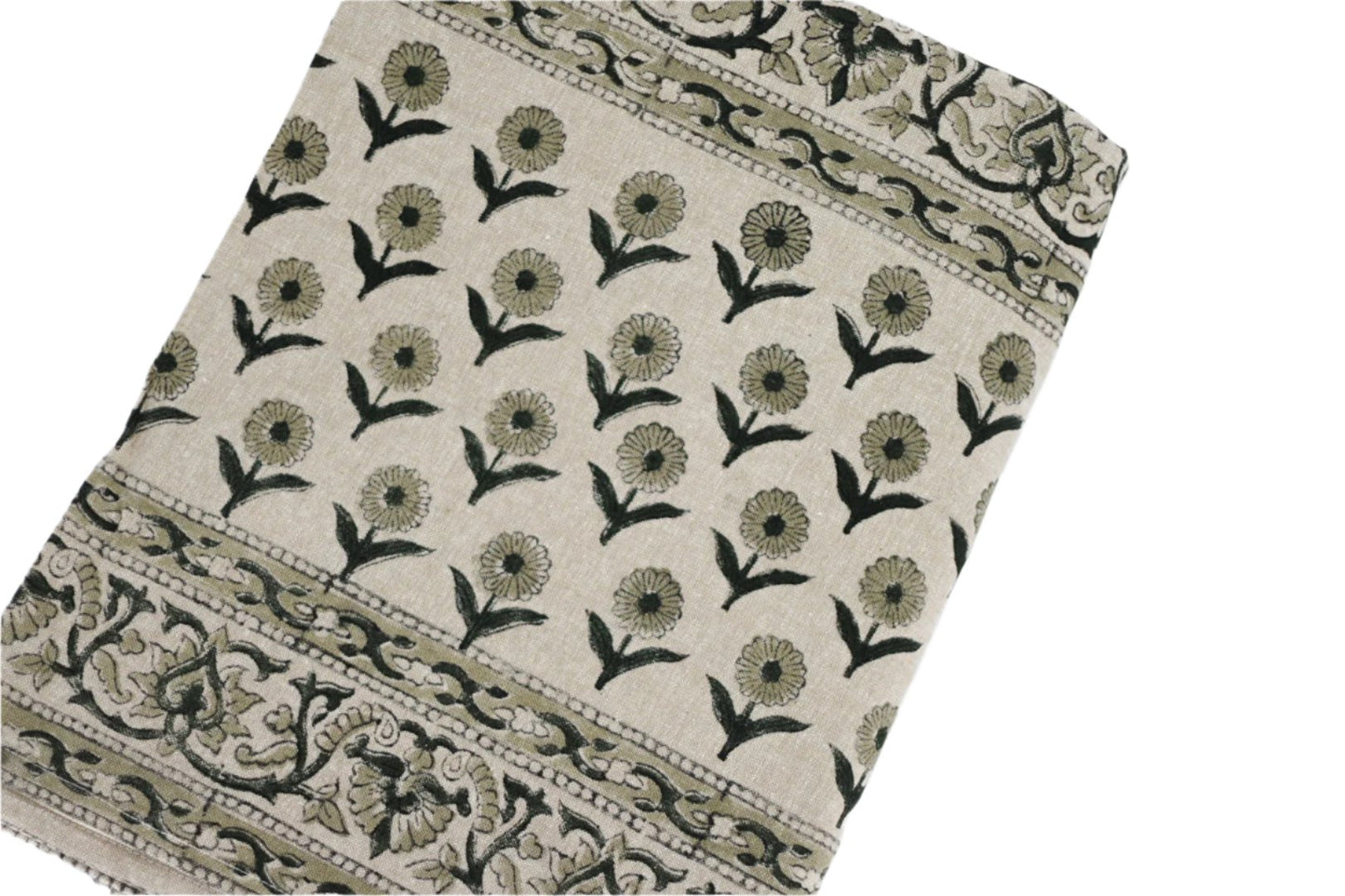 Beige Floral Block Print Tablecloth