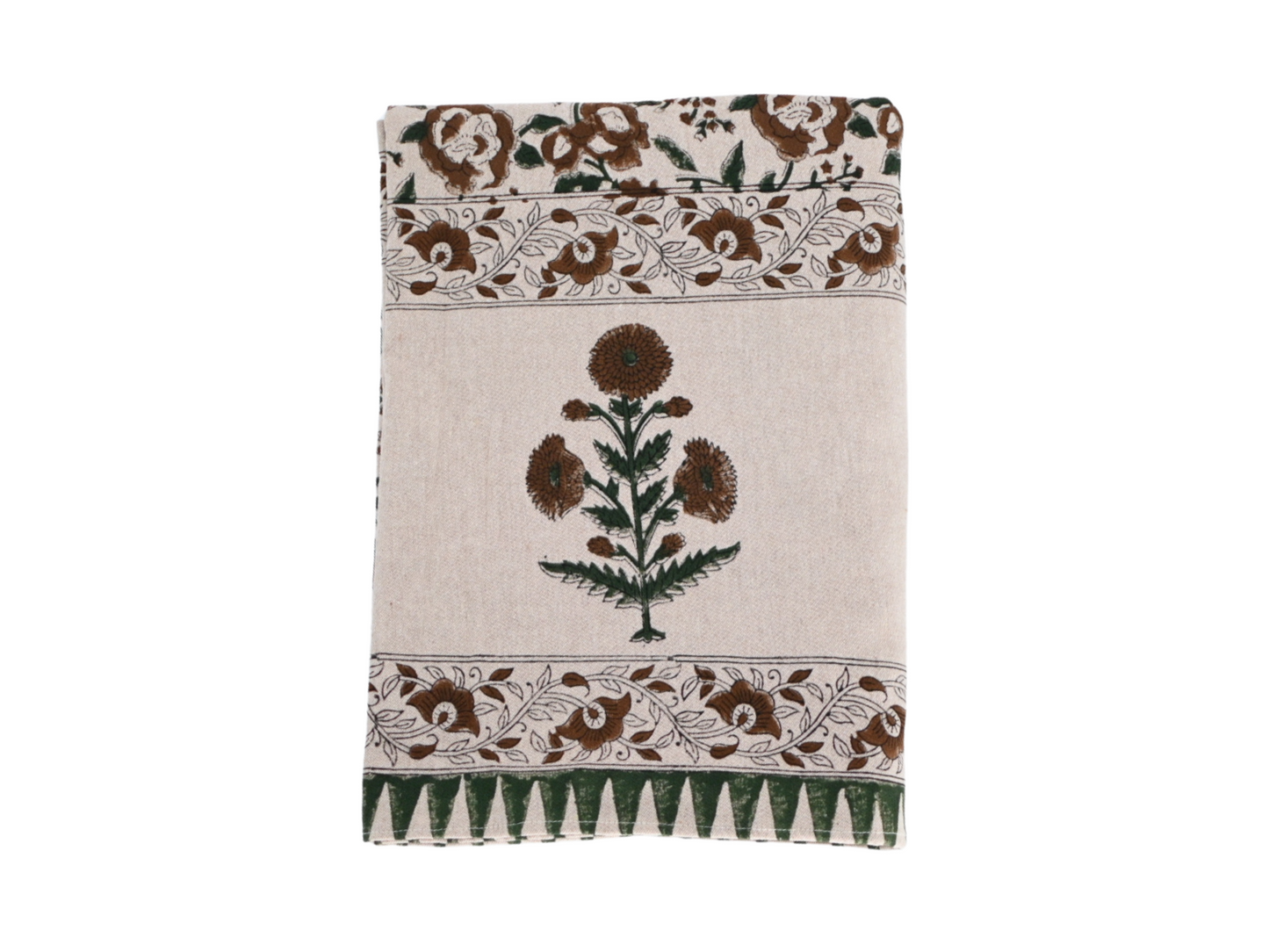 Brown and Green Floral Block Print Tablecloth