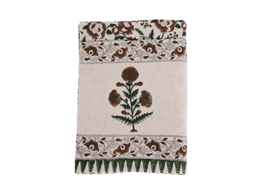 Brown and Green Floral Block Print Tablecloth