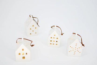 White Ceramic LED House Ornament, 4 Styles - Maple Village Lane