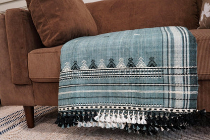 Handwoven Vintage Bhujodi Bed Throw - Sun Bleached Blue - 40 x 90 - Maple Village Lane