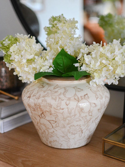 Faux White and Green Hydrangea Stem - Maple Village Lane