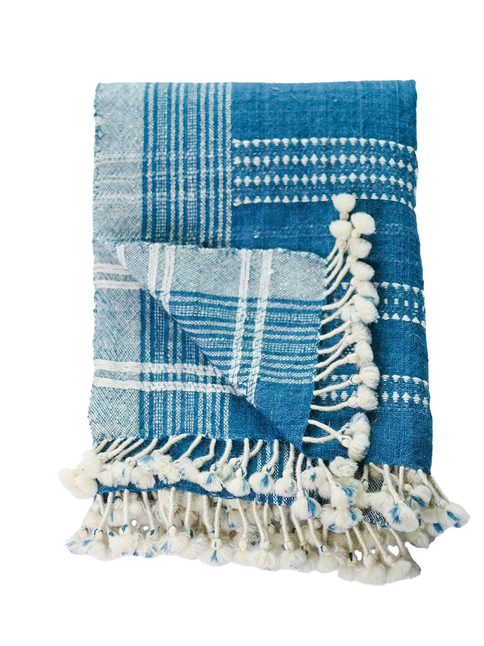 Handwoven Vintage Bhujodi Bed Throw - Blue - 40 x 90 - Maple Village Lane