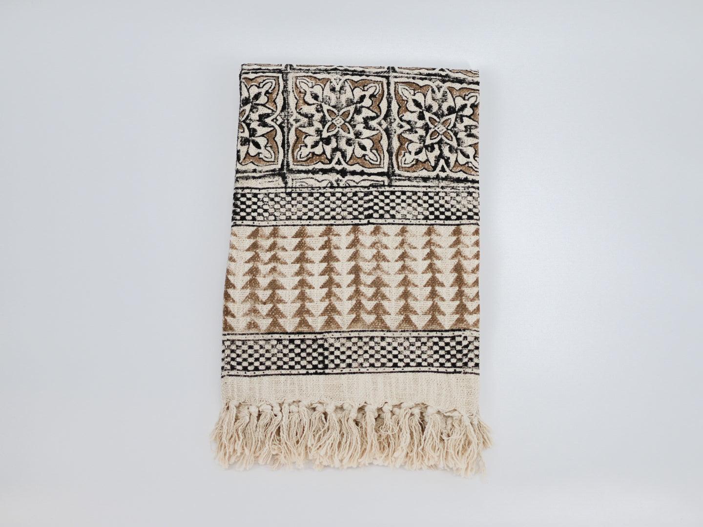 Jenny Block Print Throw Blanket with Tassels - Maple Village Lane