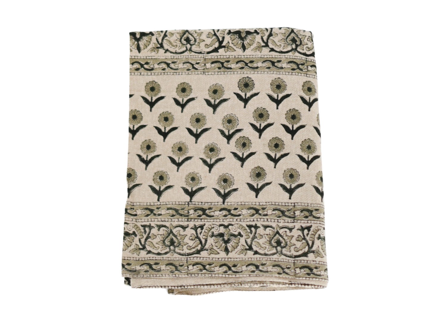 Beige Floral Block Print Tablecloth