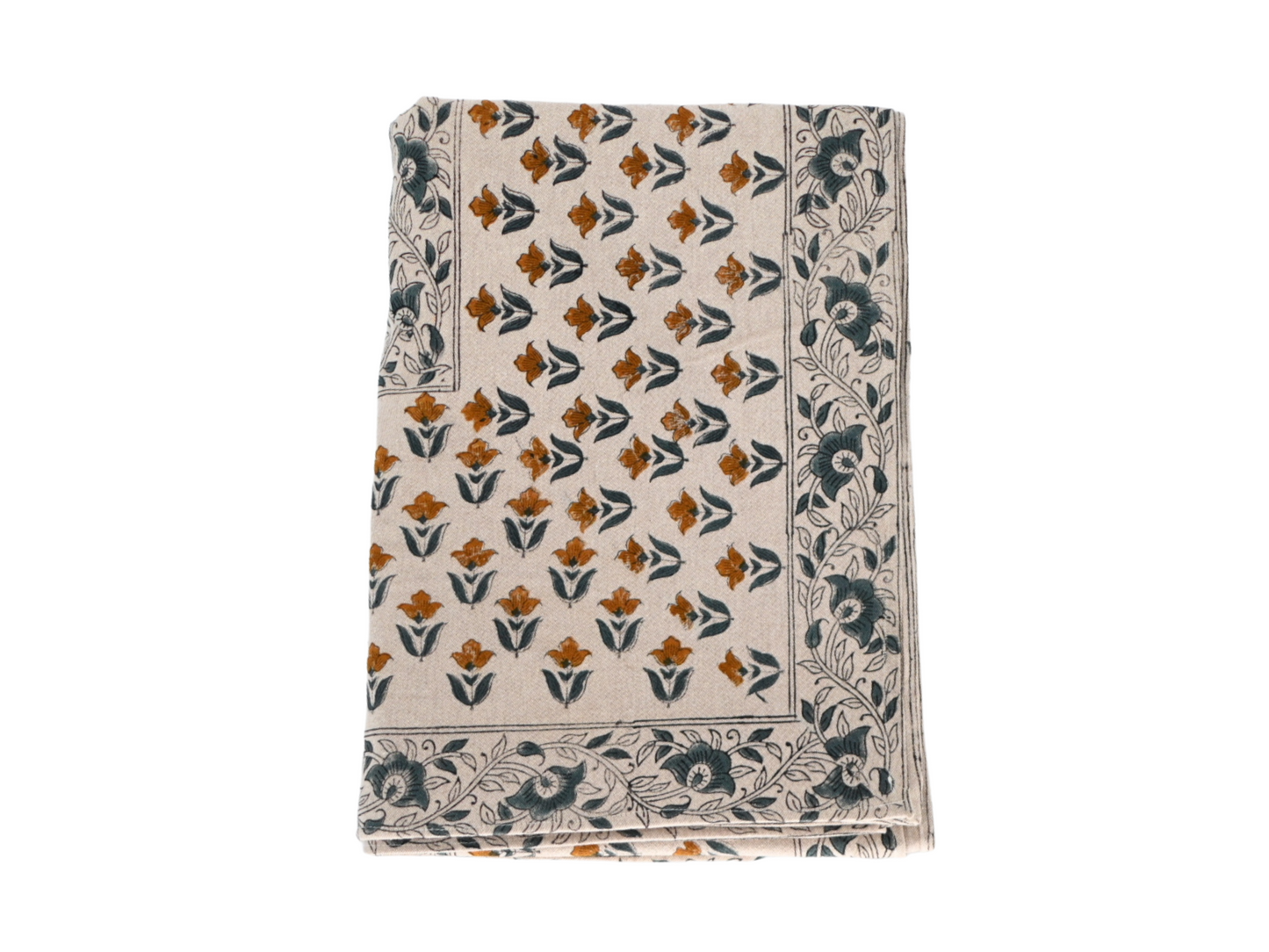 Orange and Gray Floral Block Print Tablecloth