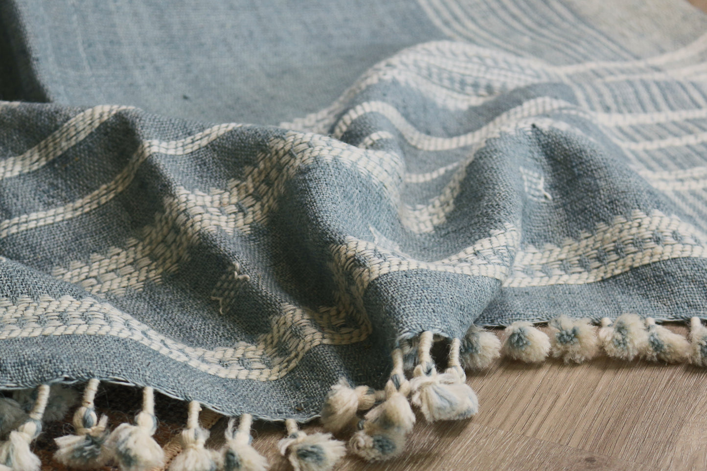 Handwoven Vintage Bhujodi Throw -  Washed Blue - 40" X 90"