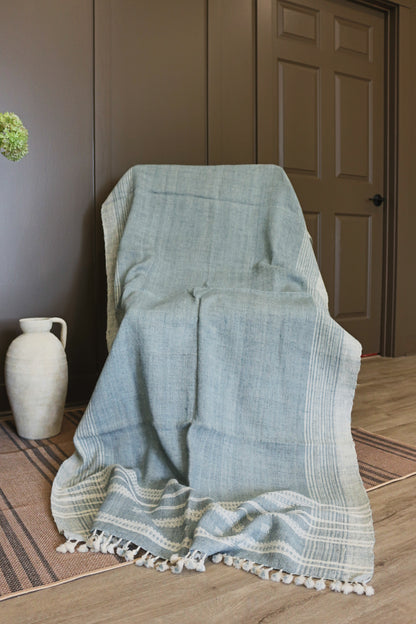 Handwoven Vintage Bhujodi Throw -  Washed Blue - 40" X 90"