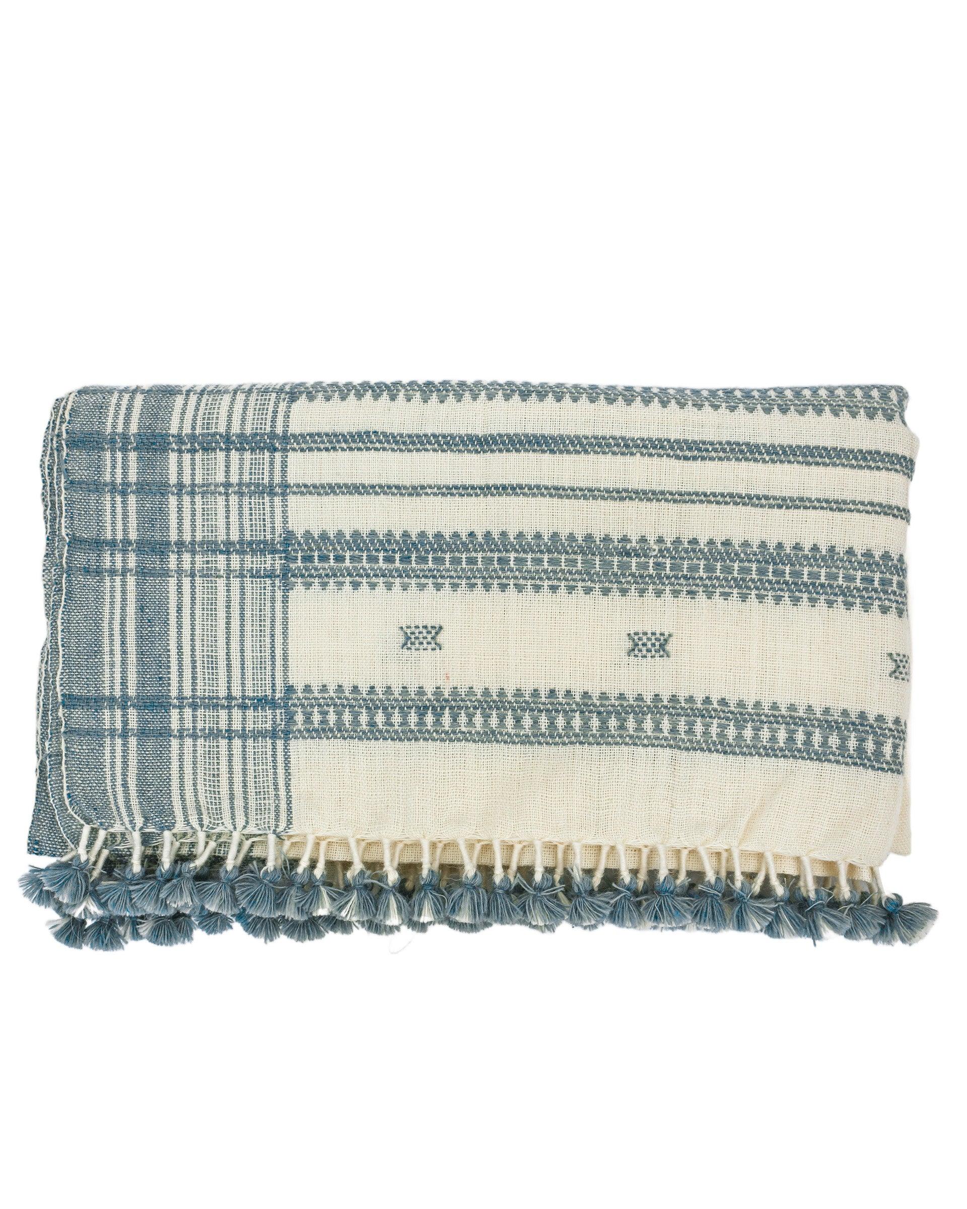 Handwoven Vintage Bhujodi Bed Throw - Azure - 40 x 90 - Maple Village Lane