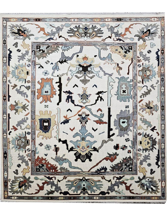 White base dark designs Oushak Rug Hand Knotted rug Vintage Oushak Wool Area Rug for living room - Maple Village Lane