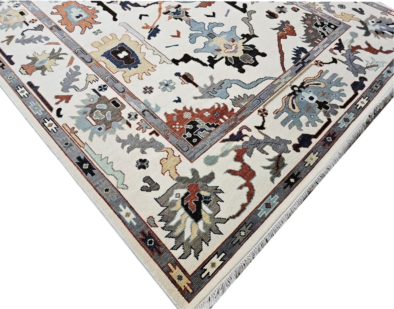 White base dark designs Oushak Rug Hand Knotted rug Vintage Oushak Wool Area Rug for living room - Maple Village Lane