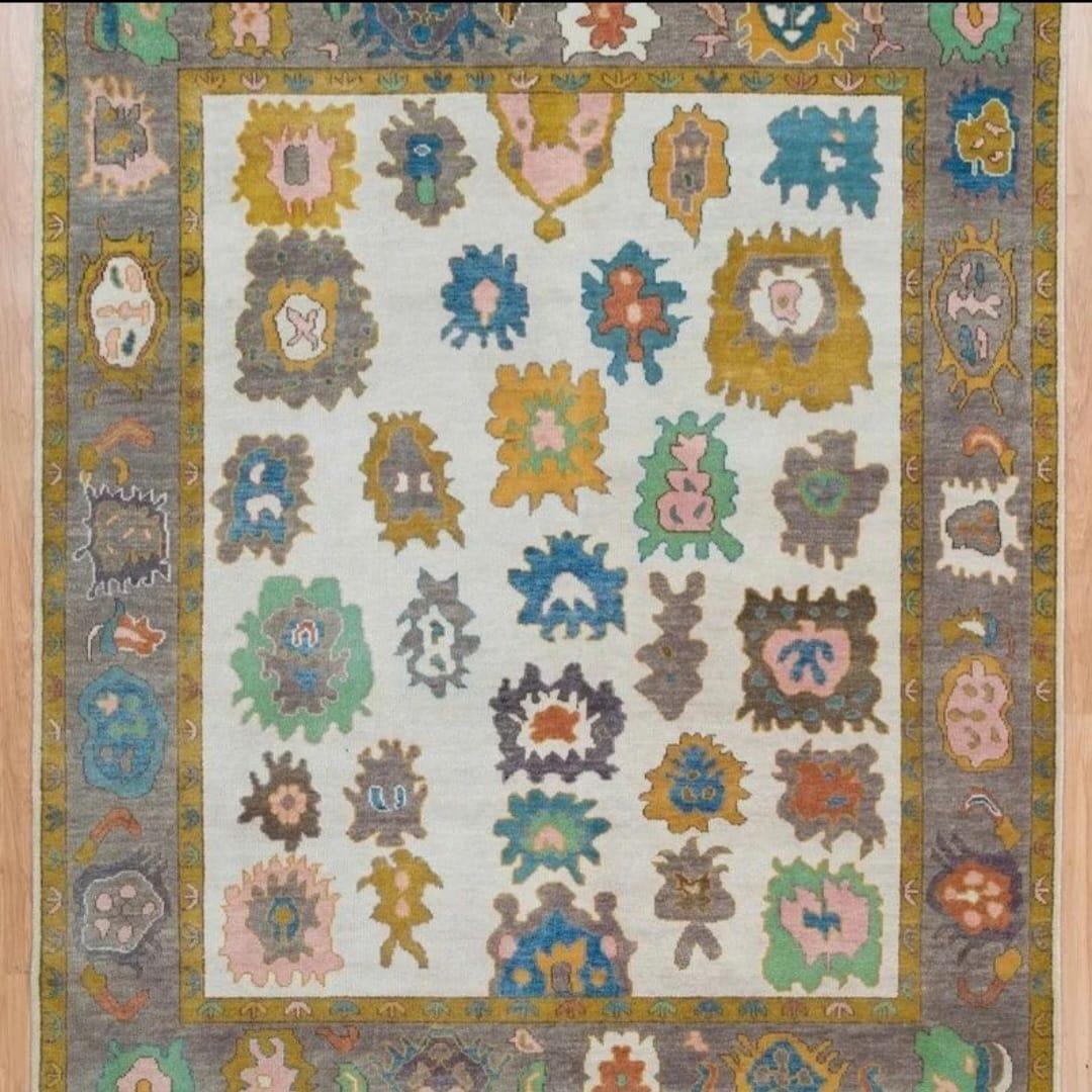 Abstract Hodgepodge Motif Hand Knotted Oushak Rug - Maple Village Lane