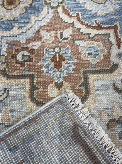 Vintage Motifs Hand Knotted Oushak Rug with Tassels