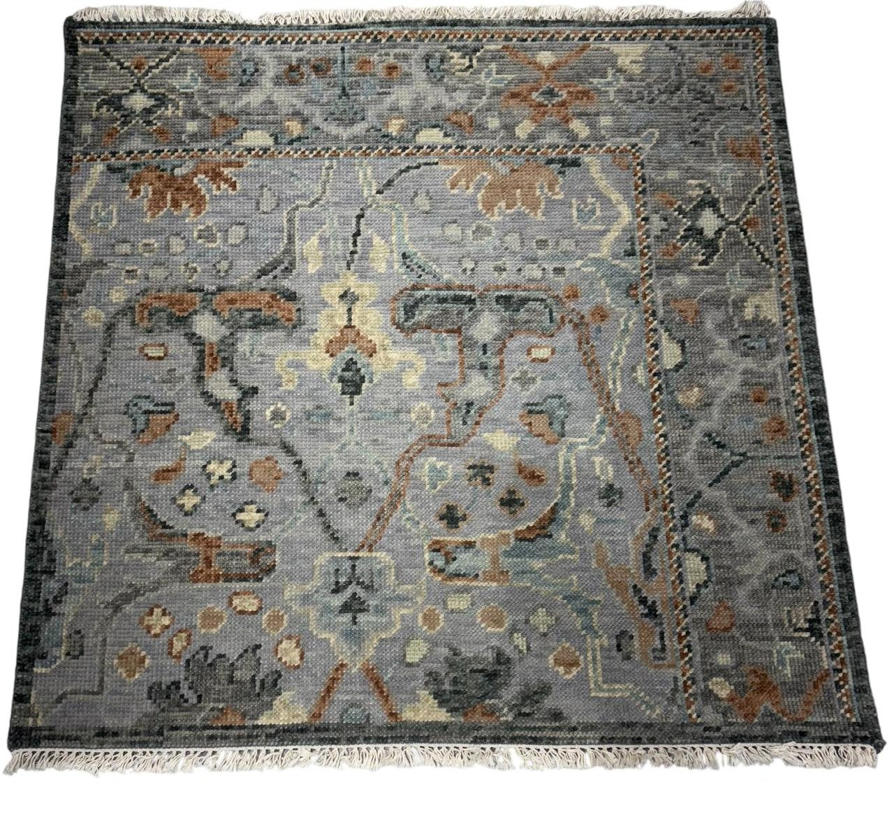 Vintage Motifs Hand Knotted Oushak Rug with Tassels