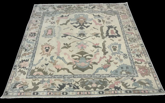 Pastel Vintage Oriental Rug with Floral and Abstract Motifs Oushak Rug