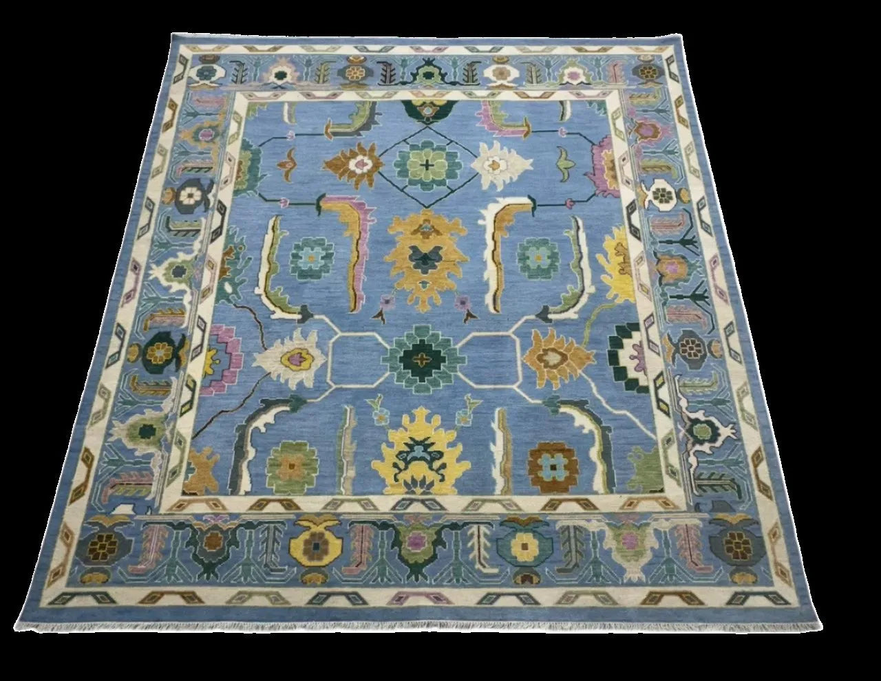 Vibrant Blue Floral Medallion Oushak  Rug with Geometric Border