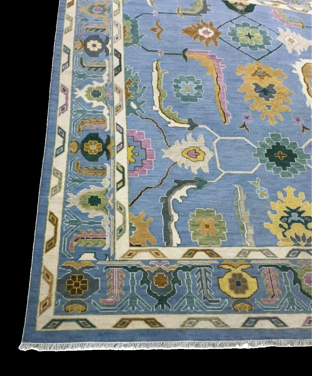 Vibrant Blue Floral Medallion Oushak  Rug with Geometric Border