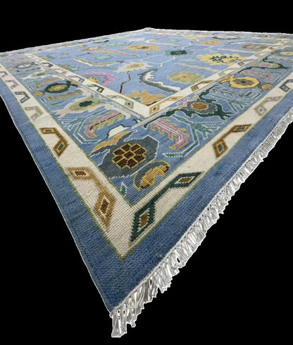 Vibrant Blue Floral Medallion Oushak  Rug with Geometric Border