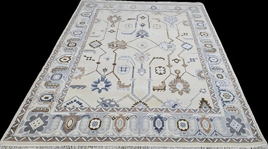 Vintage-Inspired Floral Oushak Rug in Soft Neutrals and Blues