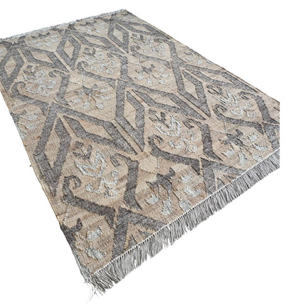 Handwoven Geometric Beige & Gray Area Rug with Fringe