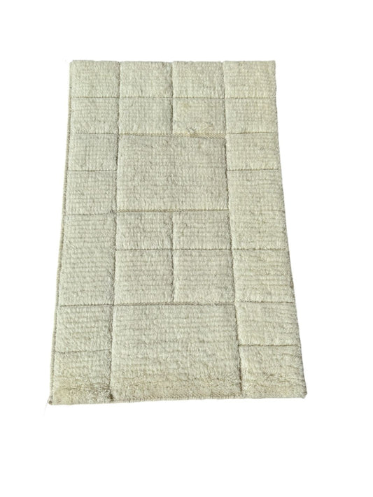 Handmade Moroccan Ivory Wool Rug with Textured Block Design