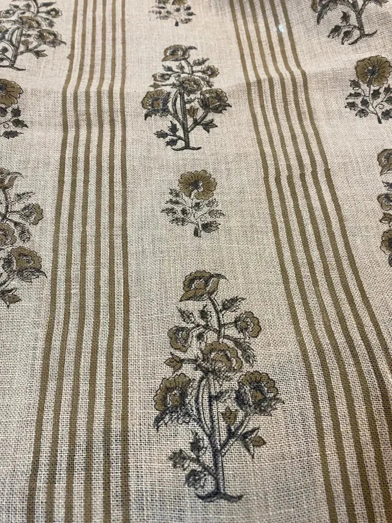 Hand Block Printed Linen Fabric by the Yard - Decor, Pillows ,Upholstery, Curtain