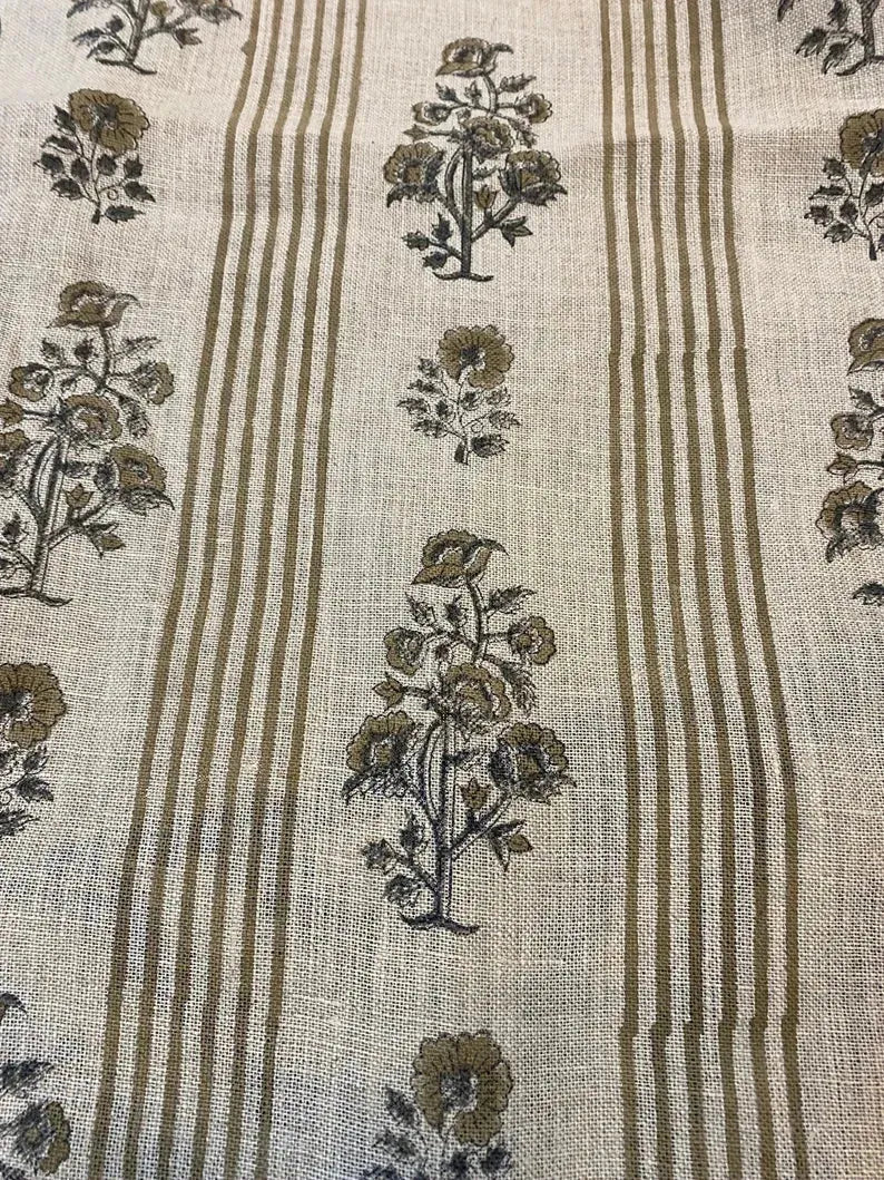 Hand Block Printed Linen Fabric by the Yard - Decor, Pillows ,Upholstery, Curtain